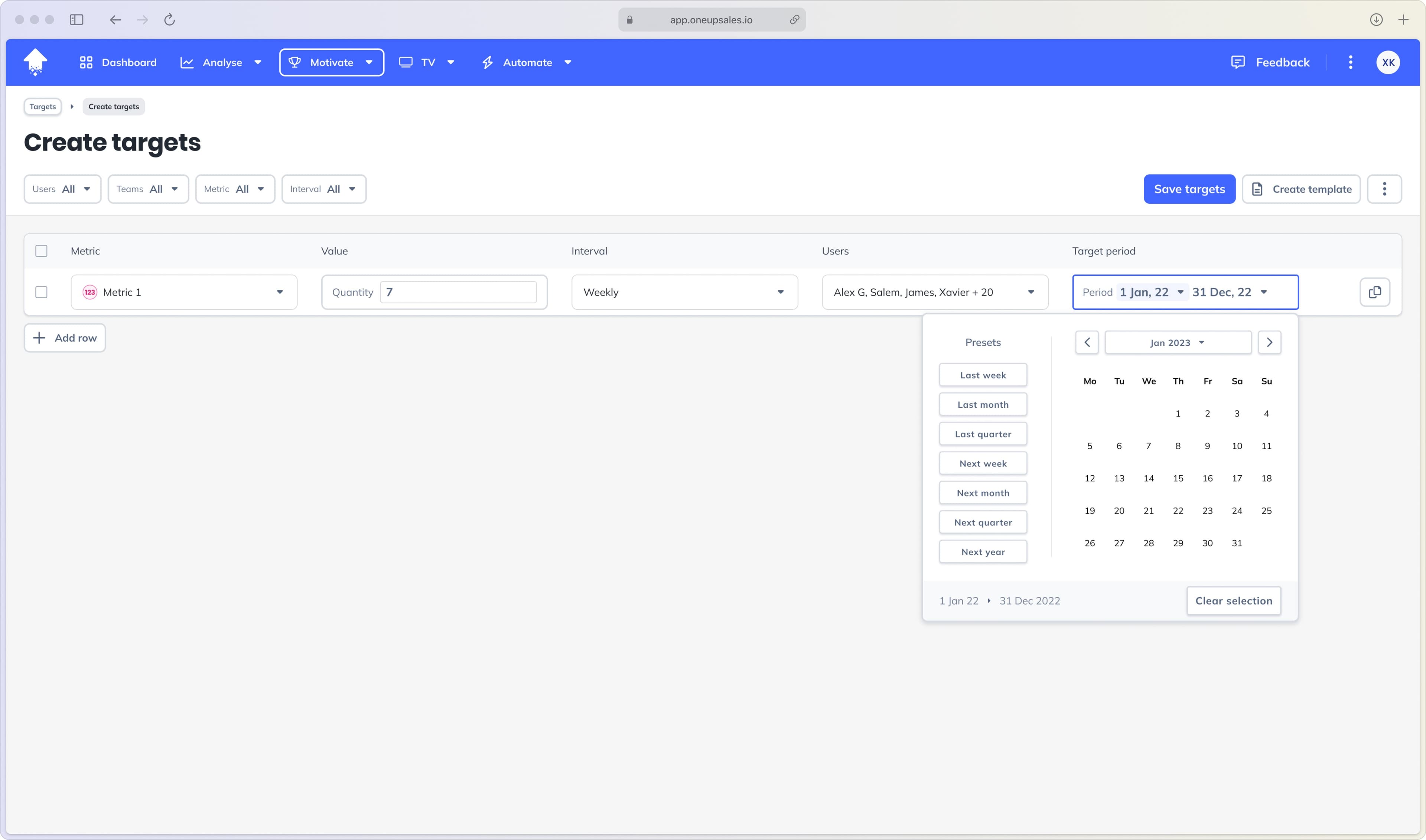 The create target flow highlighting the date field