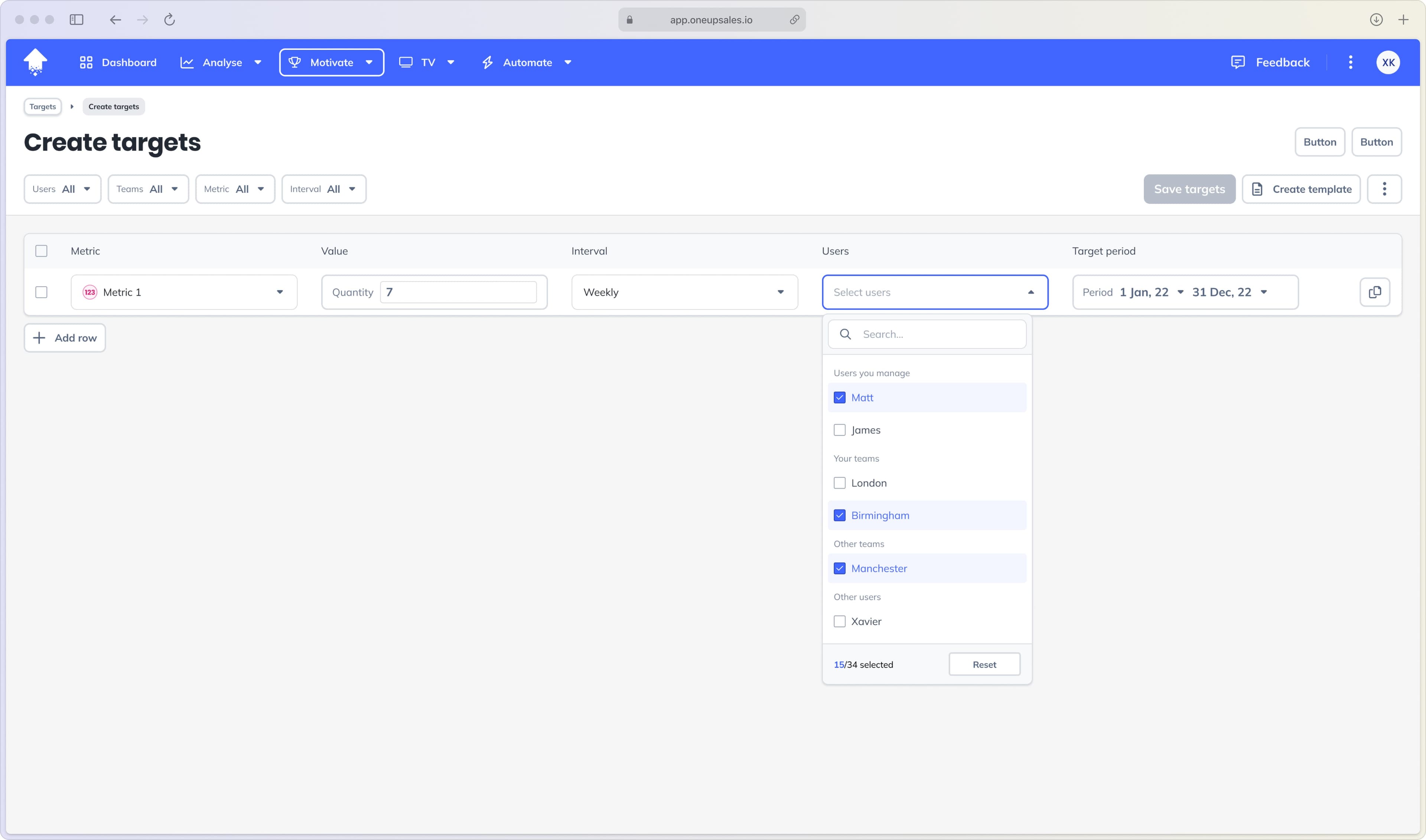 The create target flow highlighting the users field