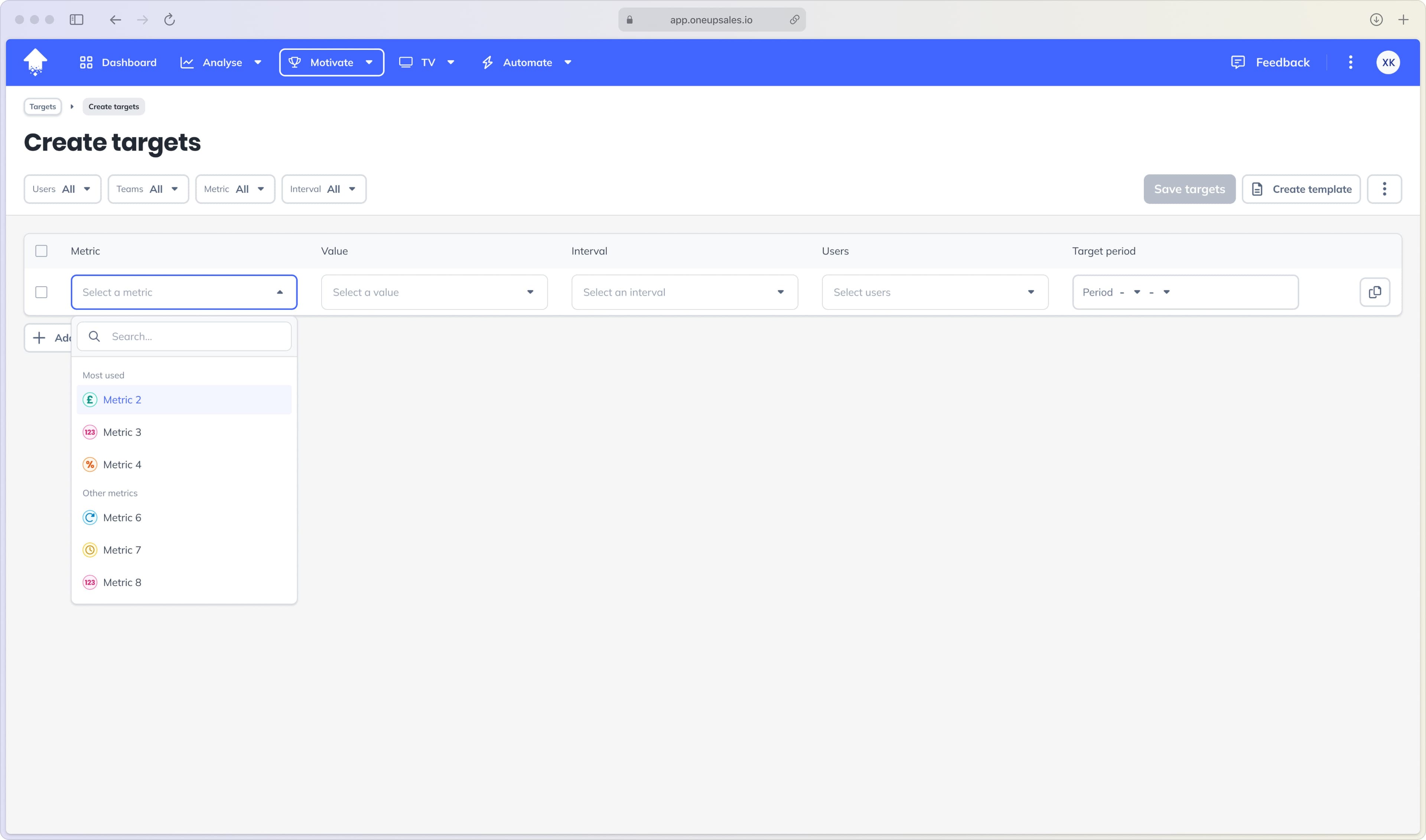 The create target flow highlighting the metric field